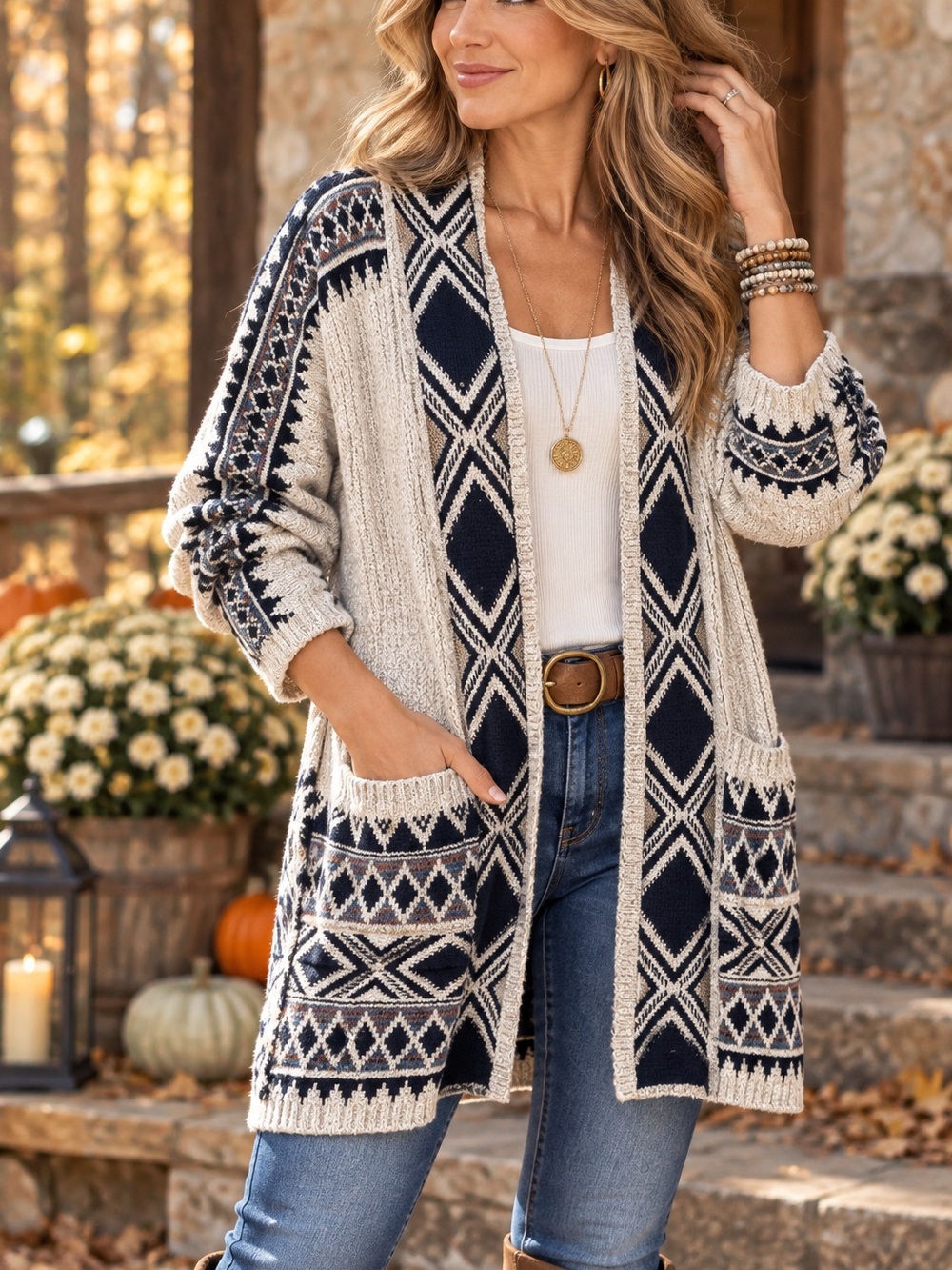 Lucky Brand Navy & Cream Fair Isle Open Cardigan with Pockets